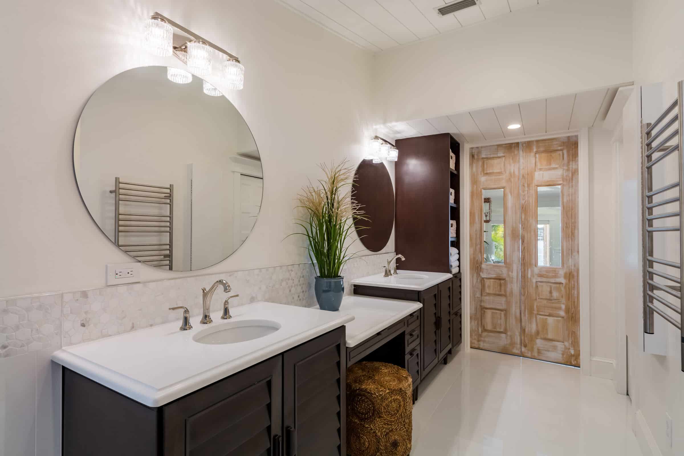 Custom oak bathroom entry door in Tampa remodel