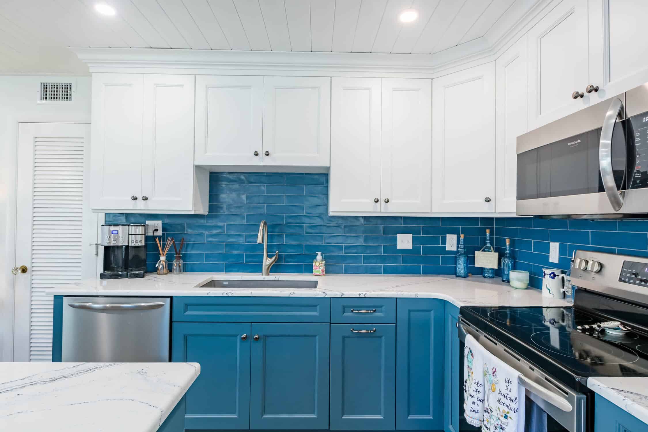Blue porcelain backsplash in Indian Shores kitchen remodel